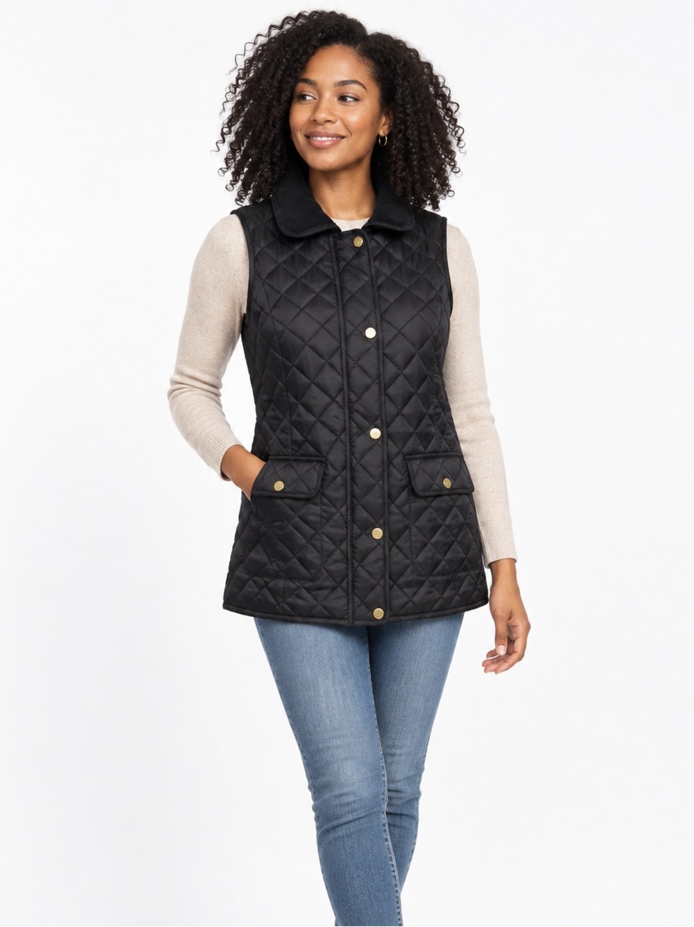 Lauren Ralph Lauren Black Quilted Vest with Gold-Tone Snaps